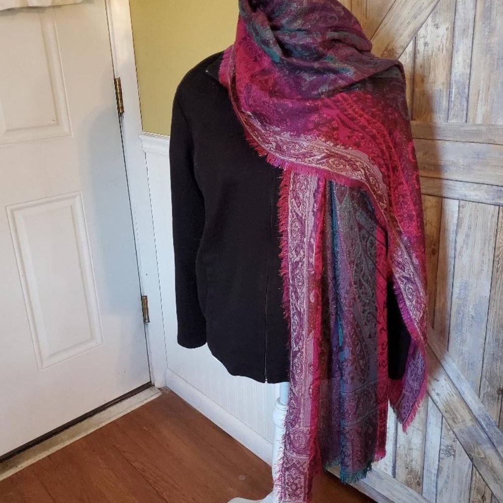Multi color Scarf in shades of purples and greens. 80" x 24"
